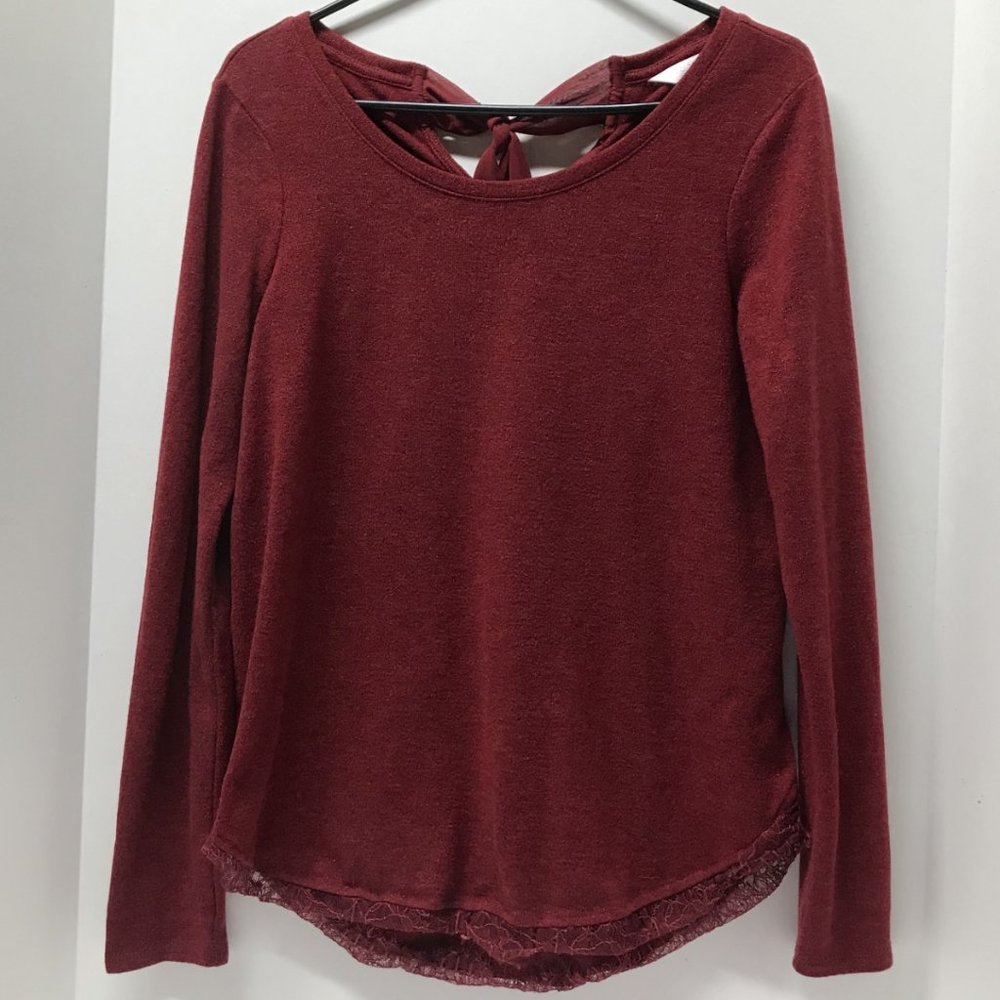 LC Lauren Conrad Rumba Red Sparkle Tie-Back Tunic Sweater w/ Lace Trim